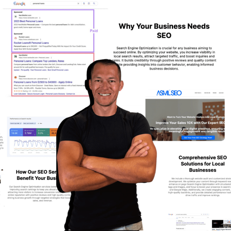 Image showcasing Andreas Soler an SEO expert with various SEO performance charts and strategies in the background.