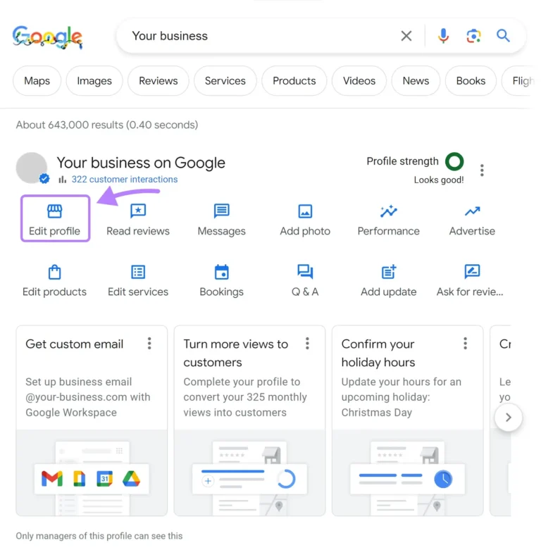 Google My Business dashboard showing options to edit profile, read reviews, add photos, and more.