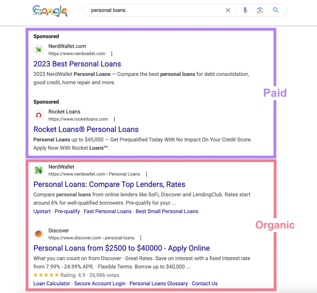Google search results for 'personal loans' showing both paid and organic listings, illustrating the impact of SEO on search visibility.